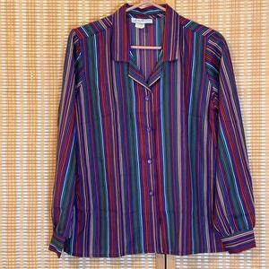 Vintage Lady Holiday Striped Button Up Blouse Multi Color Long Sleeve Size 12